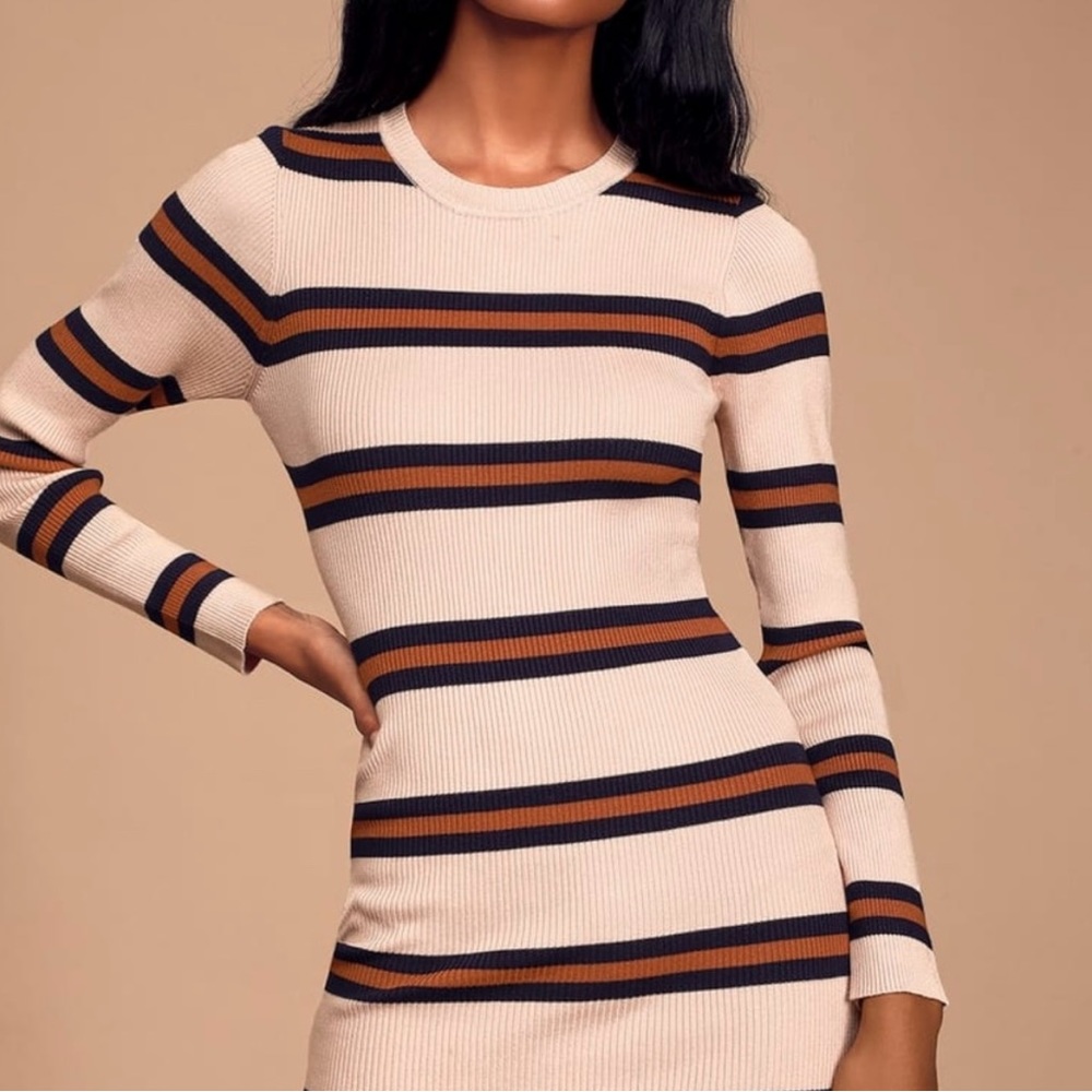 Lulu’s First In Line Blush Pink Stripped Ribbed Bodycon Sweater Dress